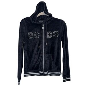 BCBG Max Azria Y2K Velour Hoodie M Black Rhinestone Dragon McBling Retro Sparkle